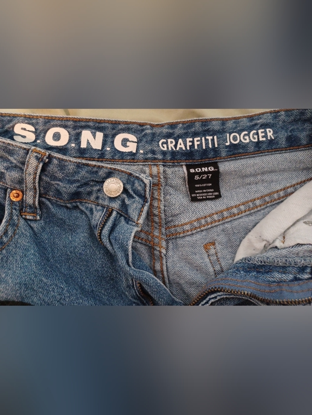 S.o.n.g. Painted Splattered Graffiti Jogger Blue Boyfriend Jeans Raw Hem Ankles - Picture 11 of 13